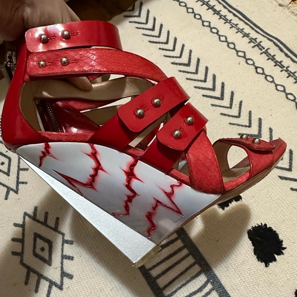 👠 Casadei Prabal Gurung Red Patent Cardiogram Wedges Platform Sandals Heels - Picture 6 of 15